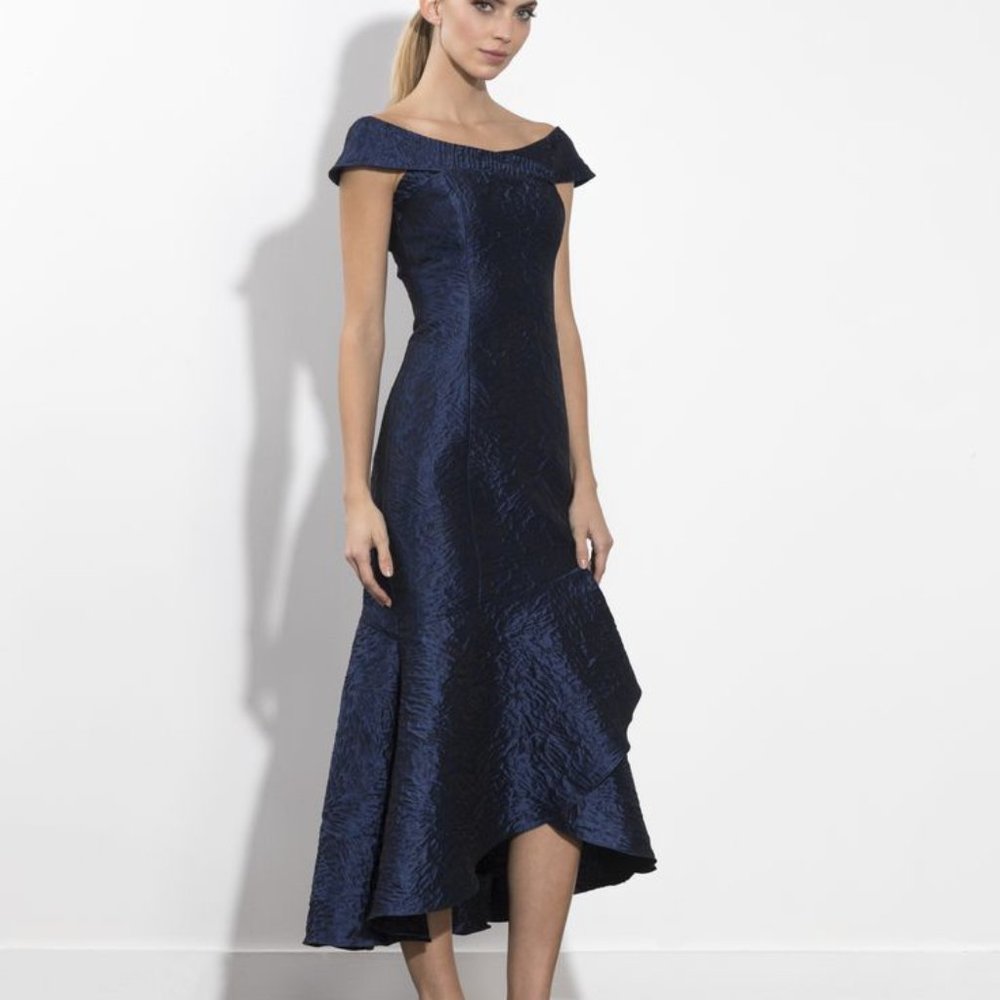 Shoshanna Midnight Trinity Jacquard High-Low Dress Gown